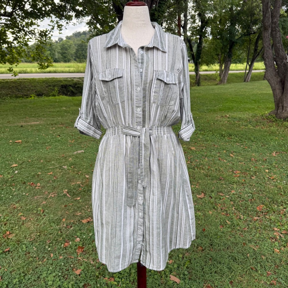 Millenium Womens 3X Shirt Dress Olive Green White Stripe Cotton Roll Tab Sleeve